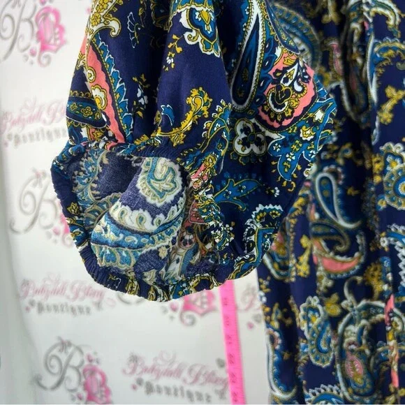 Anne Klein shirt long sleeve Navy Paisley Blouse with Coral and Teal Accents - Picture 5 of 12